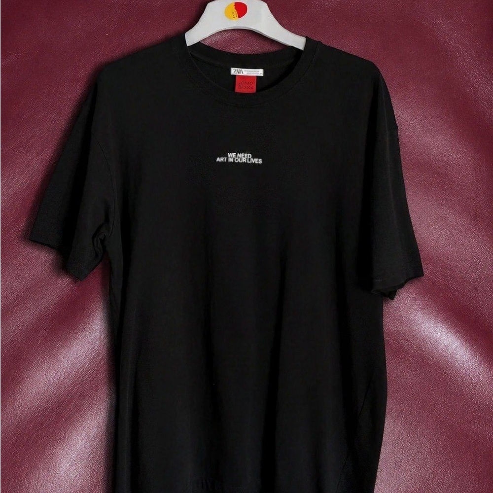 Zara Black Short Sleeve Tee with Small White Chest Text